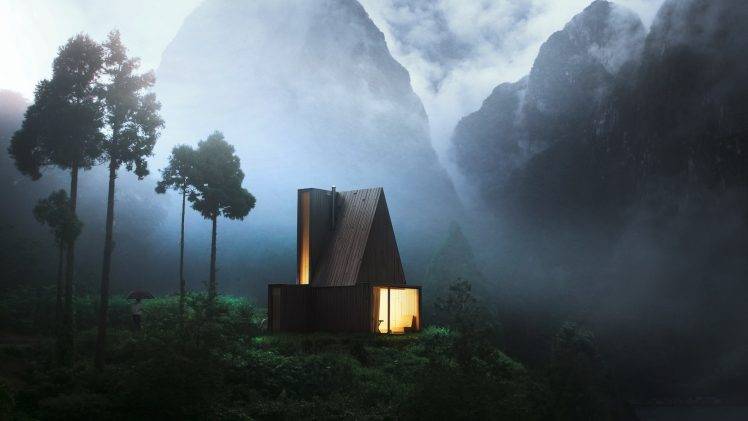 nature, House, Trees, Mountain, Mist HD Wallpaper Desktop Background