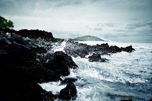 nature, Sea, Water, Rock, Water Drops, Waves, Clouds, Overcast