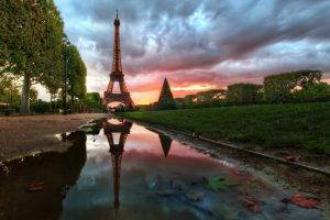 sun Rays, River, France, Paris, Eiffel Tower, Grass, Sky