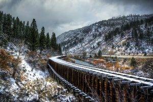 fall, Railway, Hill, Snow, Trees, River, Valley