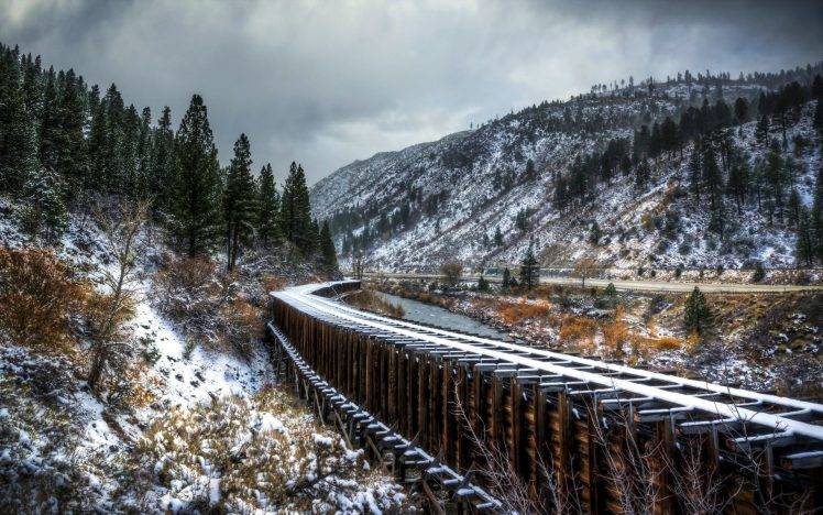 fall, Railway, Hill, Snow, Trees, River, Valley HD Wallpaper Desktop Background