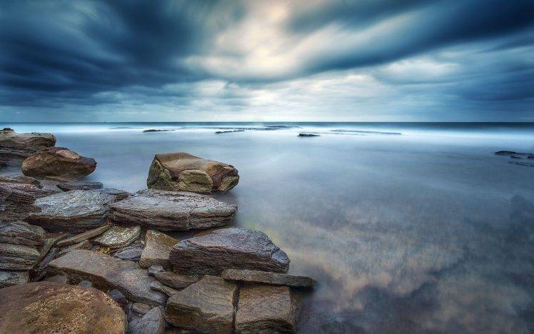 nature, Sea, Water, Stones, Rock, Long Exposure, Clouds, Overcast HD Wallpaper Desktop Background