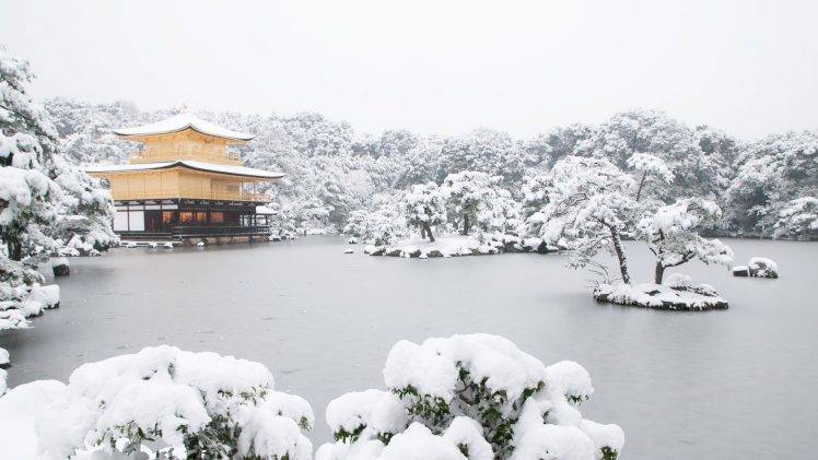 Japan, Temple, Lake, Snow HD Wallpaper Desktop Background