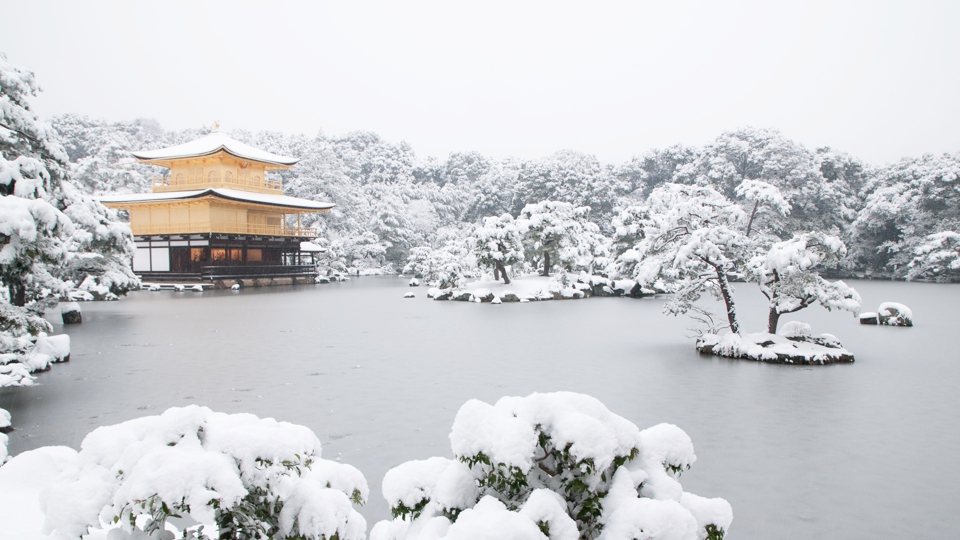 Japan, Temple, Lake, Snow Wallpaper