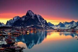 lake, Reflection, Norway, Village