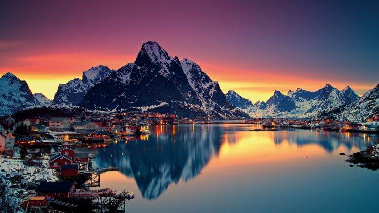 lake, Reflection, Norway, Village HD Wallpaper Desktop Background