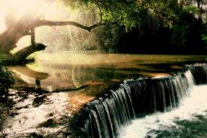 nature, Waterfall, Grass, Trees, River