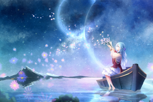 anime Girls, Planet, Water, Flowers, Original Characters