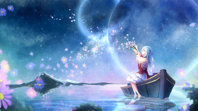 anime Girls, Planet, Water, Flowers, Original Characters HD Wallpaper Desktop Background