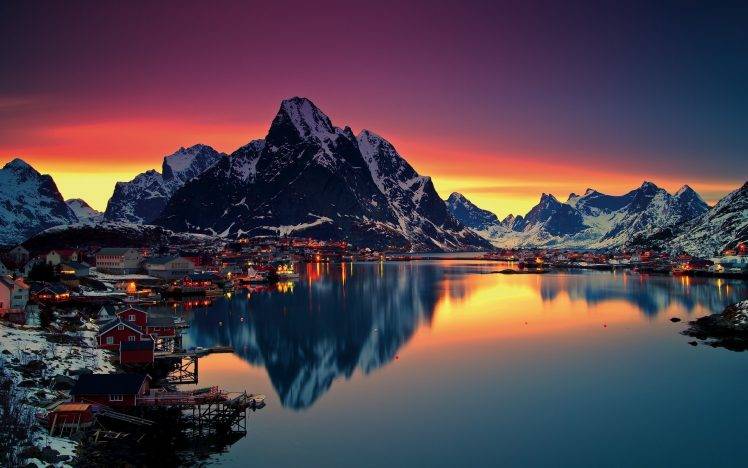 nature, Sea, Sunset, Water, Reflection, Mountain, Snow, Winter, Lofoten Islands, Norway, Reine, Lofoten HD Wallpaper Desktop Background