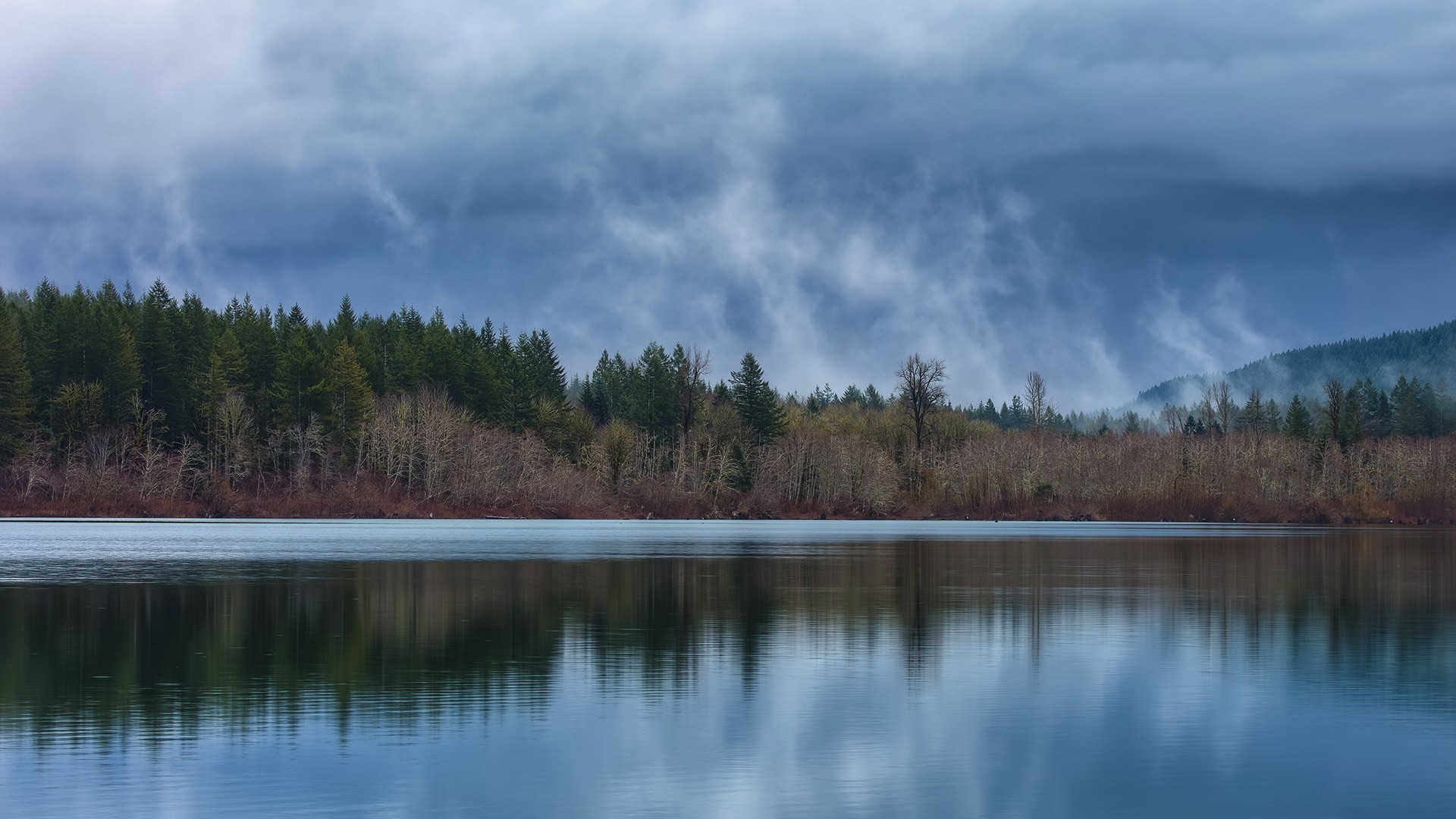 lake, Clouds, Trees, Mist Wallpaper