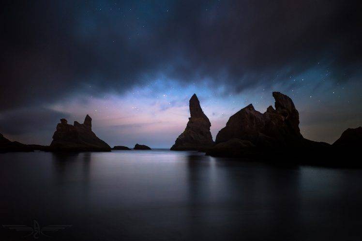 night, Nature, Clouds, Sky, Stars, Water, Rock, Night Photography, Sea HD Wallpaper Desktop Background