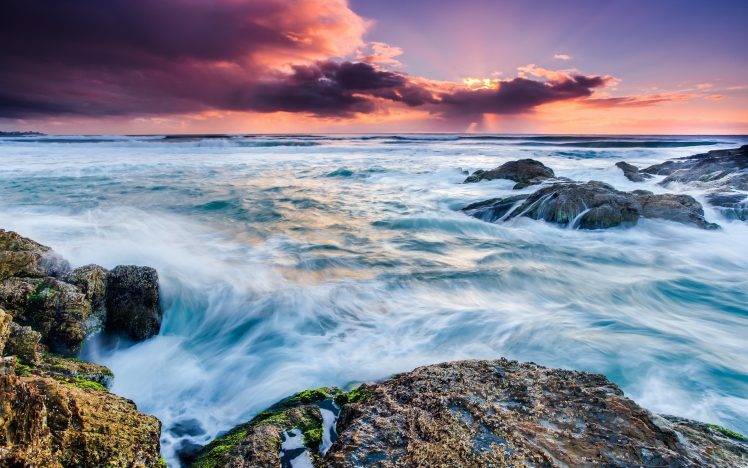 nature, Sea, Sunset, Clouds, Rock, Long Exposure HD Wallpaper Desktop Background