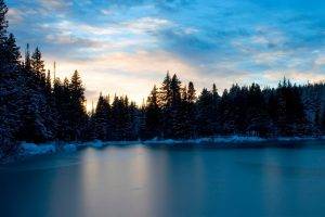 nature, Lake, Ice, Snow, Sunset, Trees, Forest, Clouds