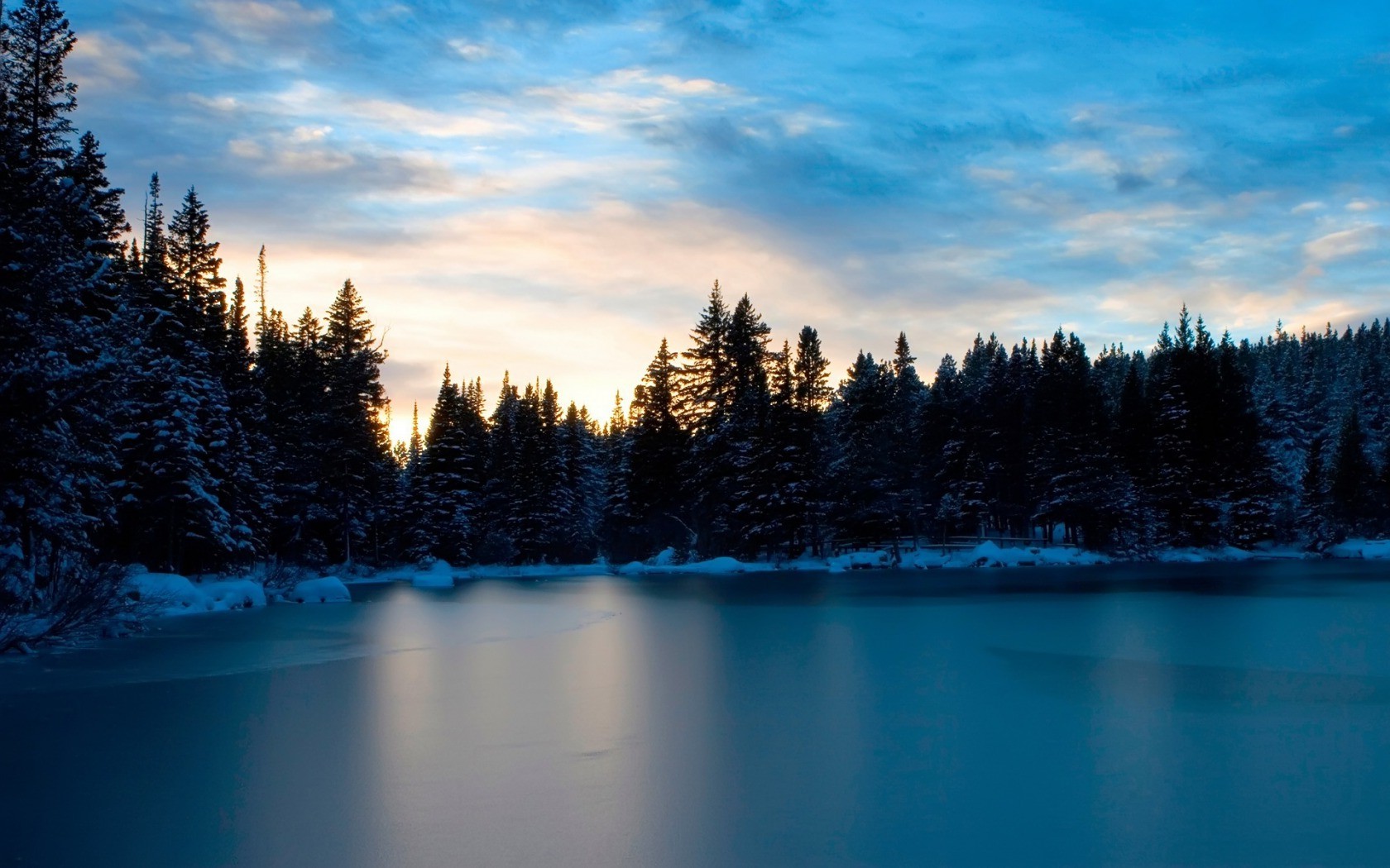 nature, Lake, Ice, Snow, Sunset, Trees, Forest, Clouds Wallpapers HD