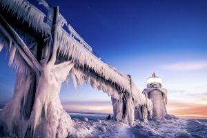 ice, Lighthouse, Nature