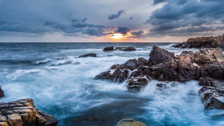 nature, Sea, Sunset, Rock, Long Exposure, Clouds HD Wallpaper Desktop Background