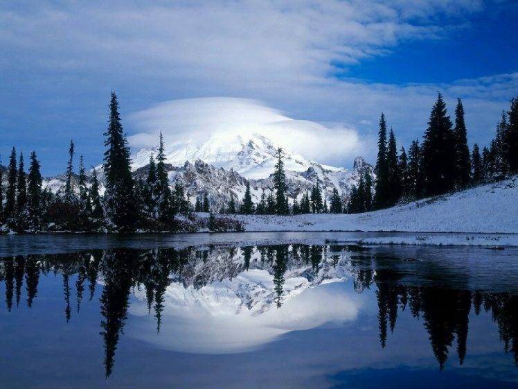 lake, Snow, Trees, Mountain, Winter HD Wallpaper Desktop Background