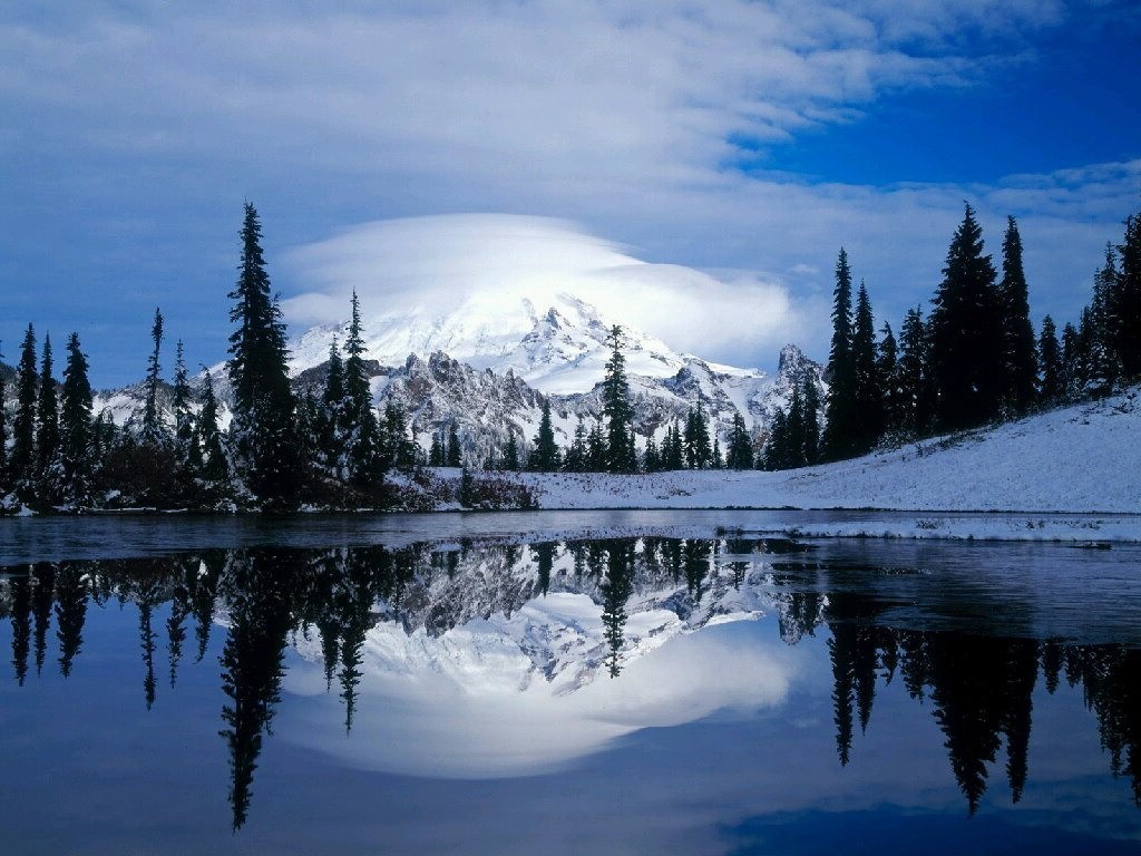lake, Snow, Trees, Mountain, Winter Wallpaper