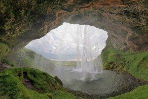 waterfall, Lake, Grass, Cave, Sky