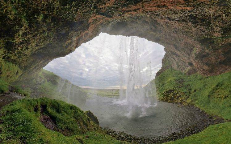 waterfall, Lake, Grass, Cave, Sky HD Wallpaper Desktop Background