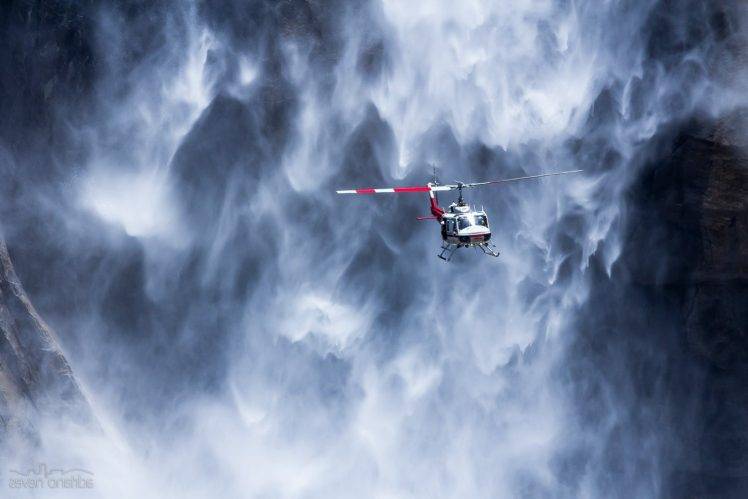 vehicle, Helicopters, Flying, Nature, Waterfall, Rock, Yosemite National Park, USA HD Wallpaper Desktop Background