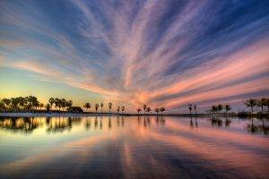 nature, Sea, Water, Sunset, Clouds, Trees, Reflection