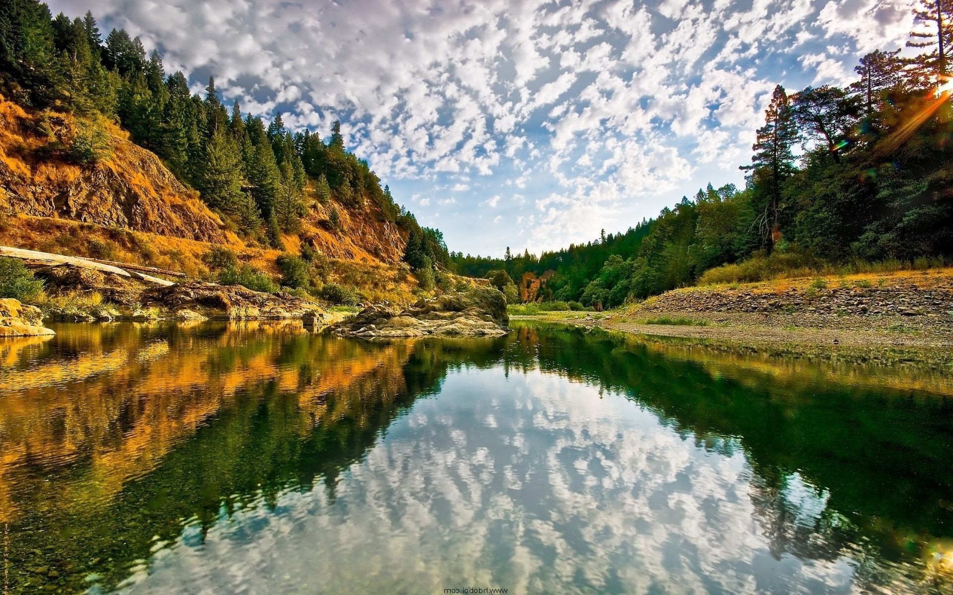 nature, River, Water, Reflection, Clouds, Trees, Forest Wallpaper