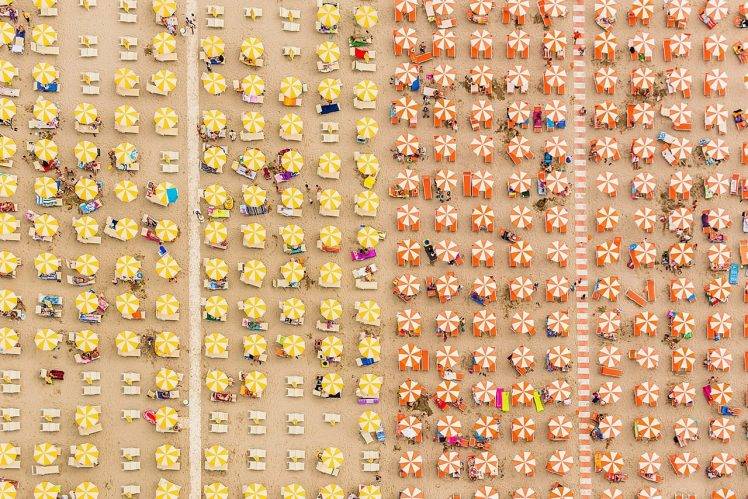 nature, Beach, Sand, Holiday, Crowds, Parasol, Lines, Deck Chairs, Aerial View, People HD Wallpaper Desktop Background