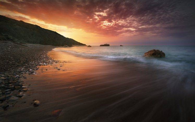 Cyprus, Nature, Sea, Water, Sunset, Clouds, Beach, Stone, Stones, Long Exposure HD Wallpaper Desktop Background