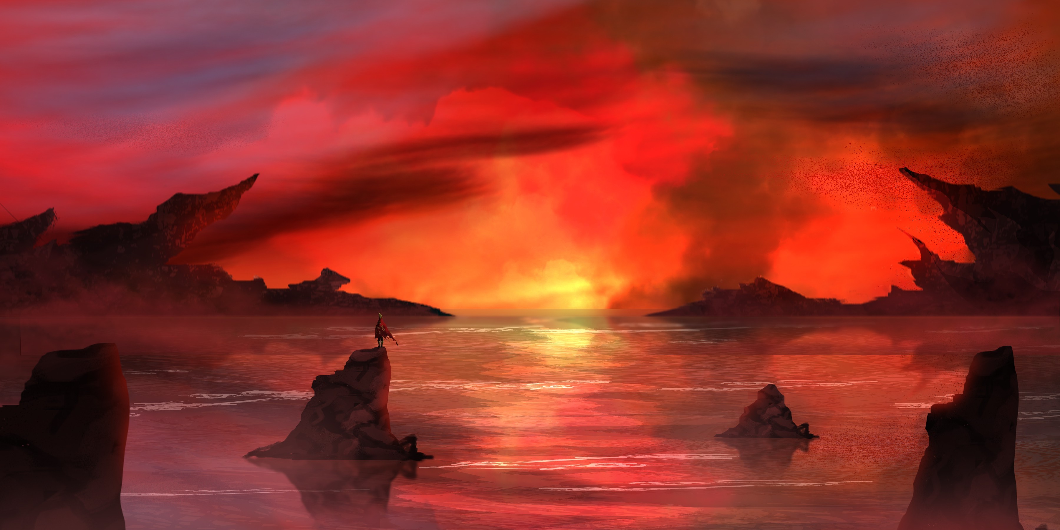 red, Fire, Smoke, Water, River Wallpaper