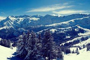 nature, Mountain, Snow, Sky, Trees