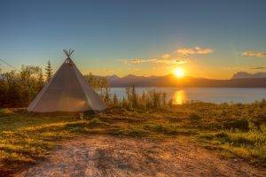 camping, Tipi, Sun, Lake