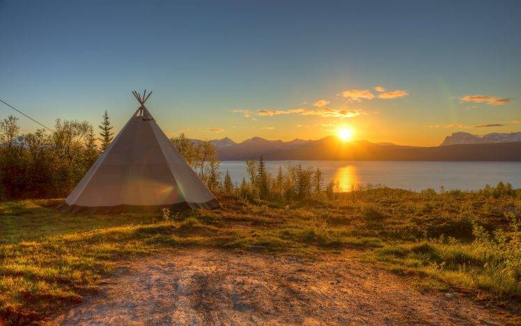 camping, Tipi, Sun, Lake HD Wallpaper Desktop Background