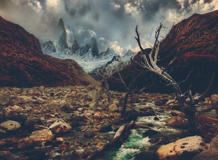 rock, Clouds, Trees, River HD Wallpaper Desktop Background