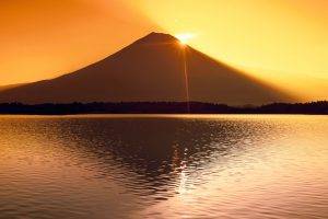 mountain, Lake, Reflection, Sunlight, Mount Fuji, Japan, Silhouette