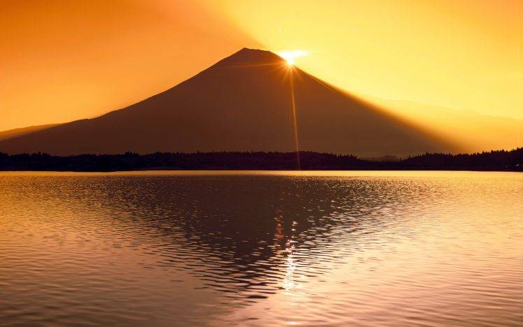mountain, Lake, Reflection, Sunlight, Mount Fuji, Japan, Silhouette HD Wallpaper Desktop Background