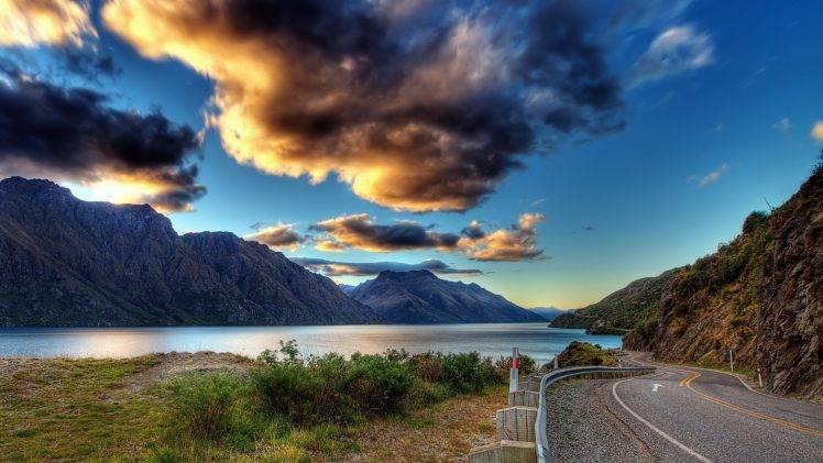 road, Clouds, Mountain, Sky, Lake HD Wallpaper Desktop Background