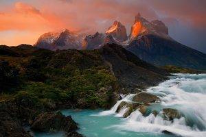 Chile, Sunrise, Mountain, Lake, Waterfall, Torres Del Paine, National Park, Patagonia, Clouds, Forest, Turquoise, White, Green, Water, Snowy Peak, Morning