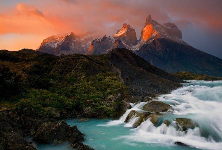 Chile, Sunrise, Mountain, Lake, Waterfall, Torres Del Paine, National Park, Patagonia, Clouds, Forest, Turquoise, White, Green, Water, Snowy Peak, Morning HD Wallpaper Desktop Background