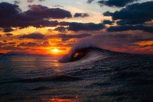nature, Sun, Water, Waves, Sky, Sunset, Sea