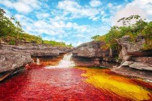 river, Waterfall, Colombia, Cliff, Clouds, Water, Red, Shrubs, Yellow, White, Green, Blue