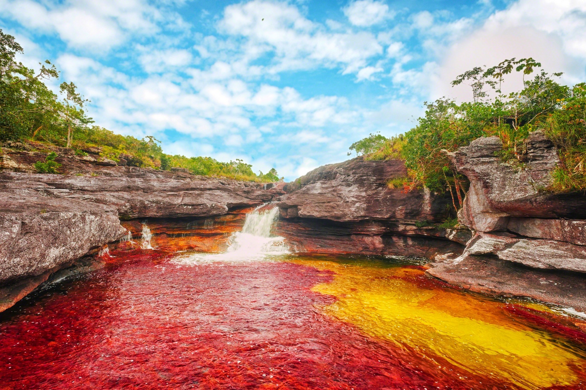 river, Waterfall, Colombia, Cliff, Clouds, Water, Red, Shrubs, Yellow