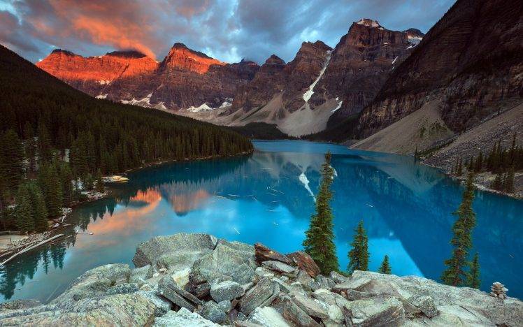 mountain, Lake, Forest, Sunset, Nature, Reflection HD Wallpaper Desktop Background