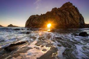 nature, Sunset, Sea, Waves, Sunlight, Rock