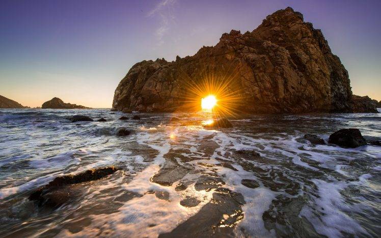nature, Sunset, Sea, Waves, Sunlight, Rock HD Wallpaper Desktop Background