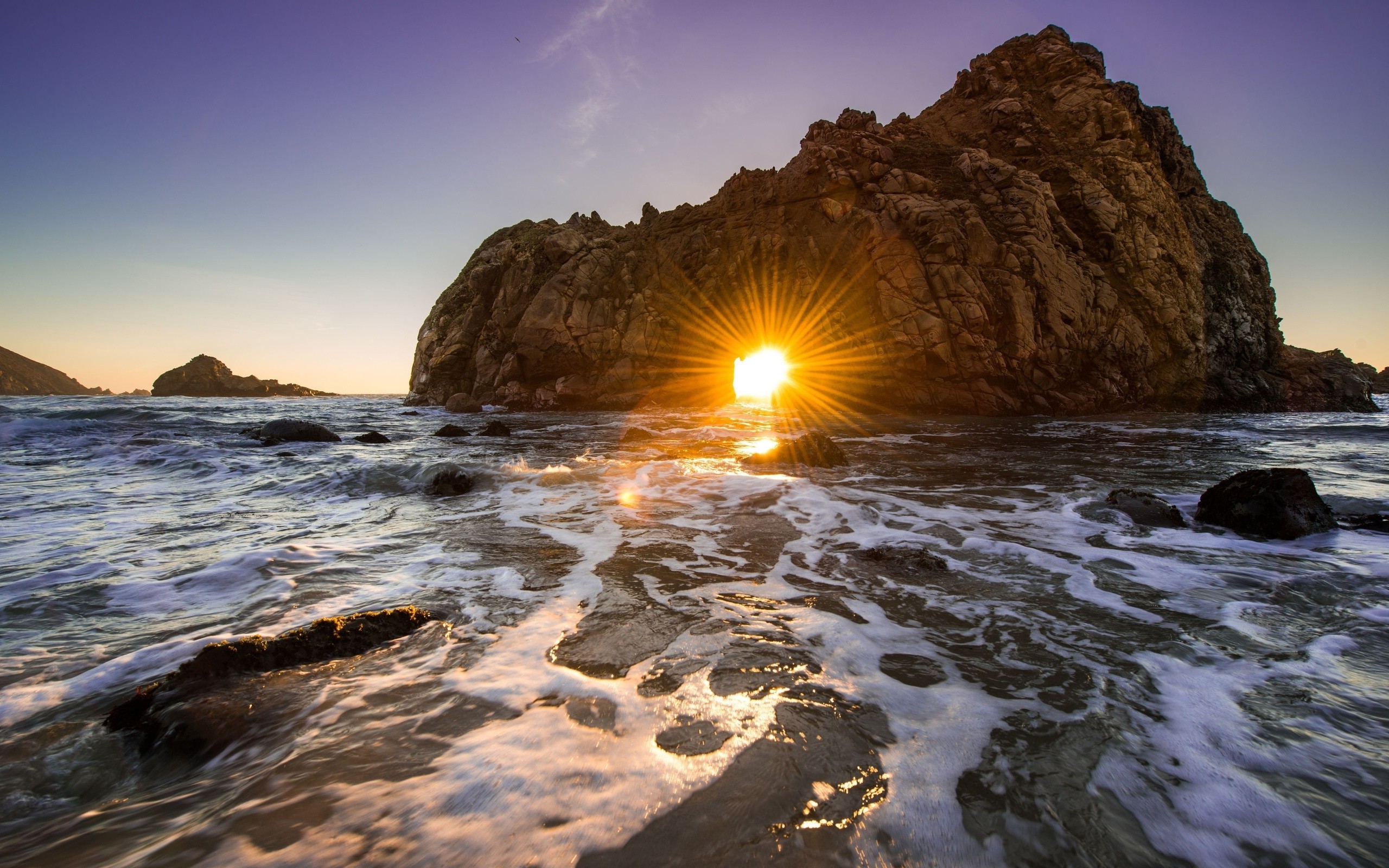 nature, Sunset, Sea, Waves, Sunlight, Rock Wallpaper