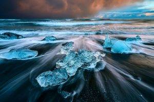 nature, Ice, Water, Sea, Waves, Long Exposure, Iceland, Beach