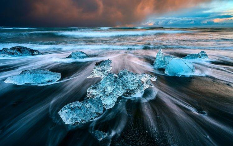nature, Ice, Water, Sea, Waves, Long Exposure, Iceland, Beach HD Wallpaper Desktop Background