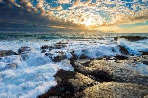 nature, Waves, Sea, Clouds, Rock, Water